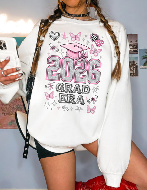 2026 Grad Era Sweatshirt Pink Graduation Cap Butterflies Senior Gift Class Celebration Trendy