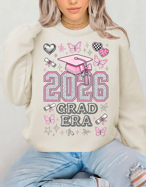 2026 Grad Era Sweatshirt Pink Graduation Cap Butterflies Senior Gift Class Celebration Trendy