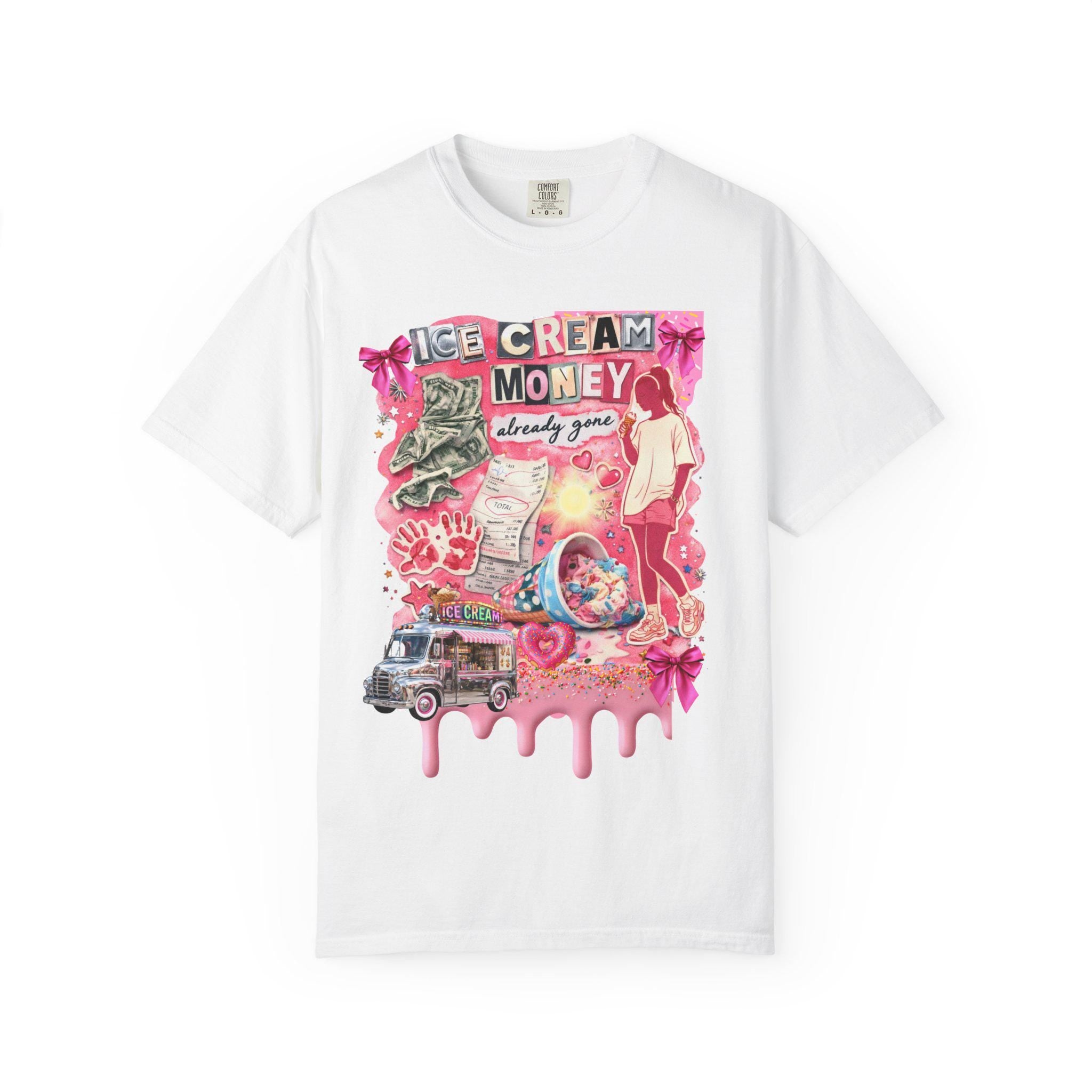 Ice Cream Money collage T-Shirt | retro pink cash cone graphic