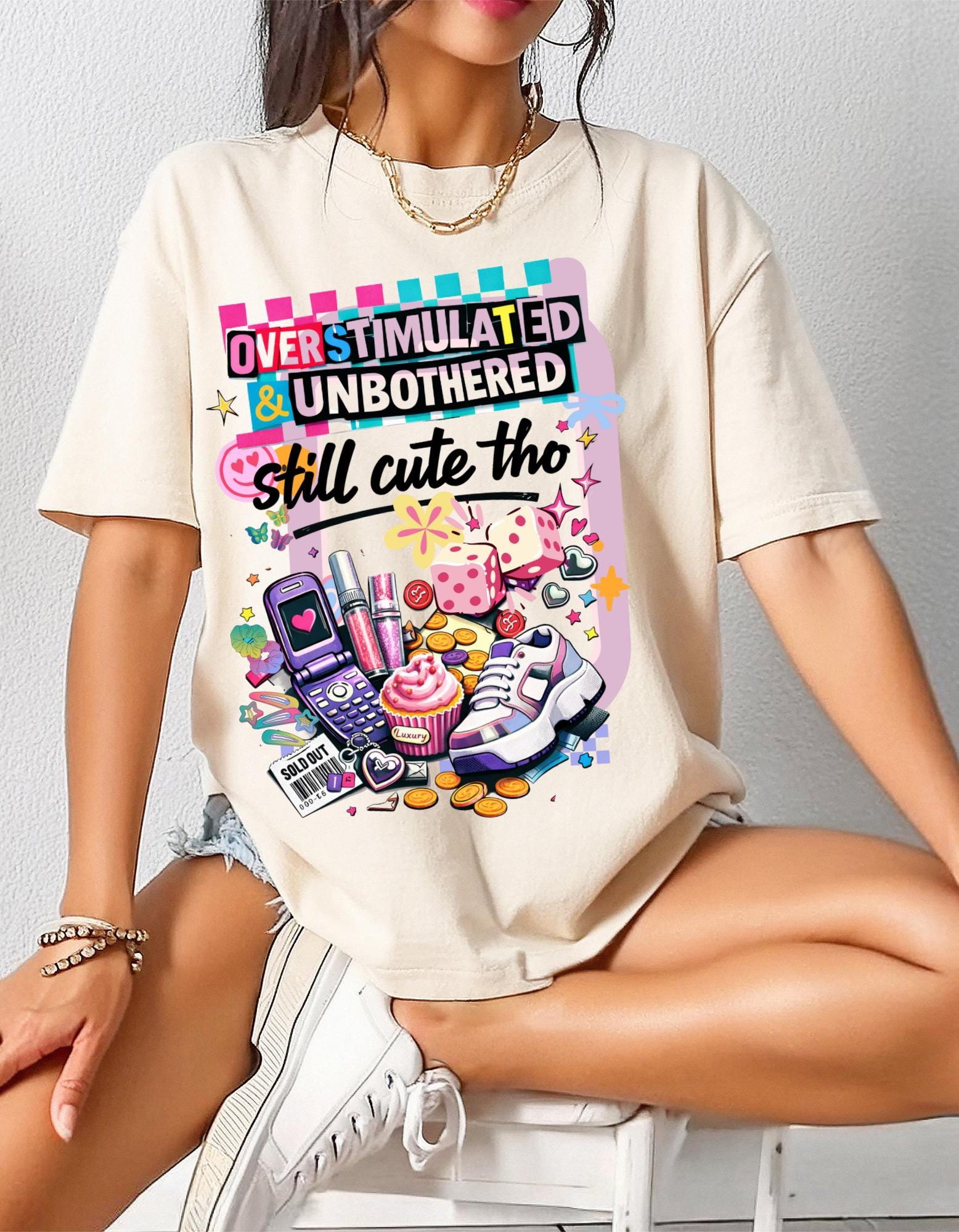 Overstimulated & Unbothered Tee | Retro Collage Graphic T-Shirt