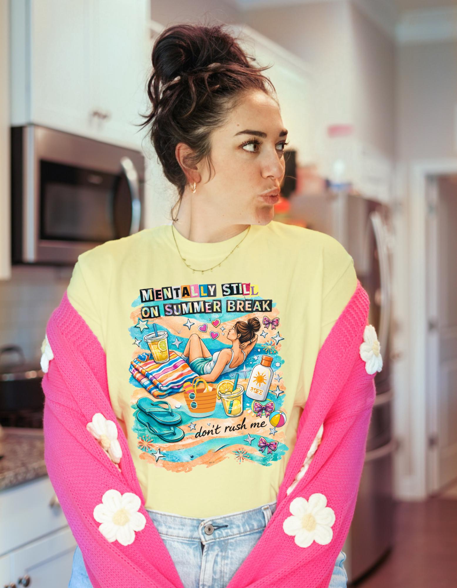 Mentally Still on Summer Break T-shirt | Beach Scene, Sunbathing Graphic, Relaxation Vibes