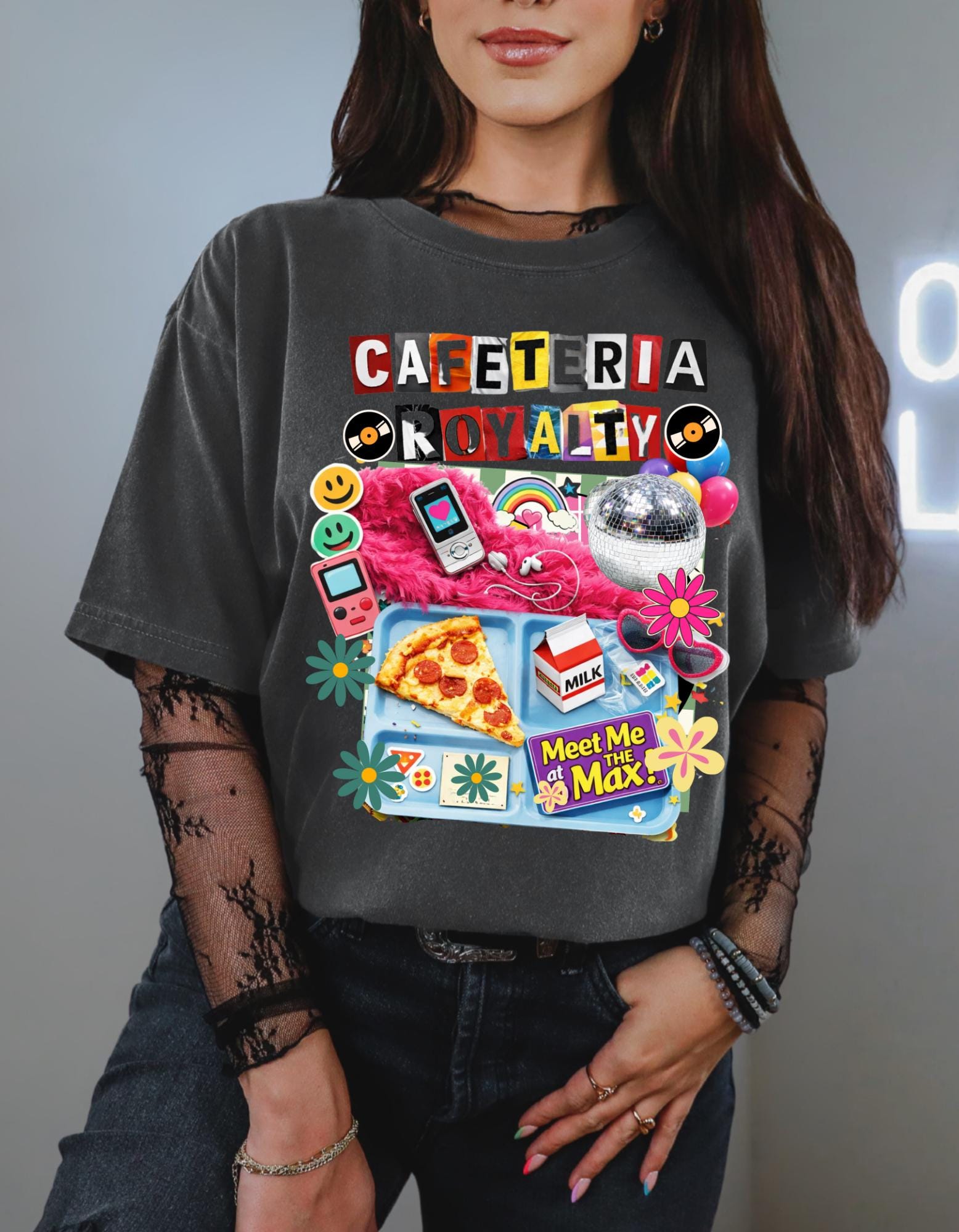 Cafeteria Royalty T-Shirt | Retro School Lunch Pizza Milkbox Smiley Icons Graphic Tee