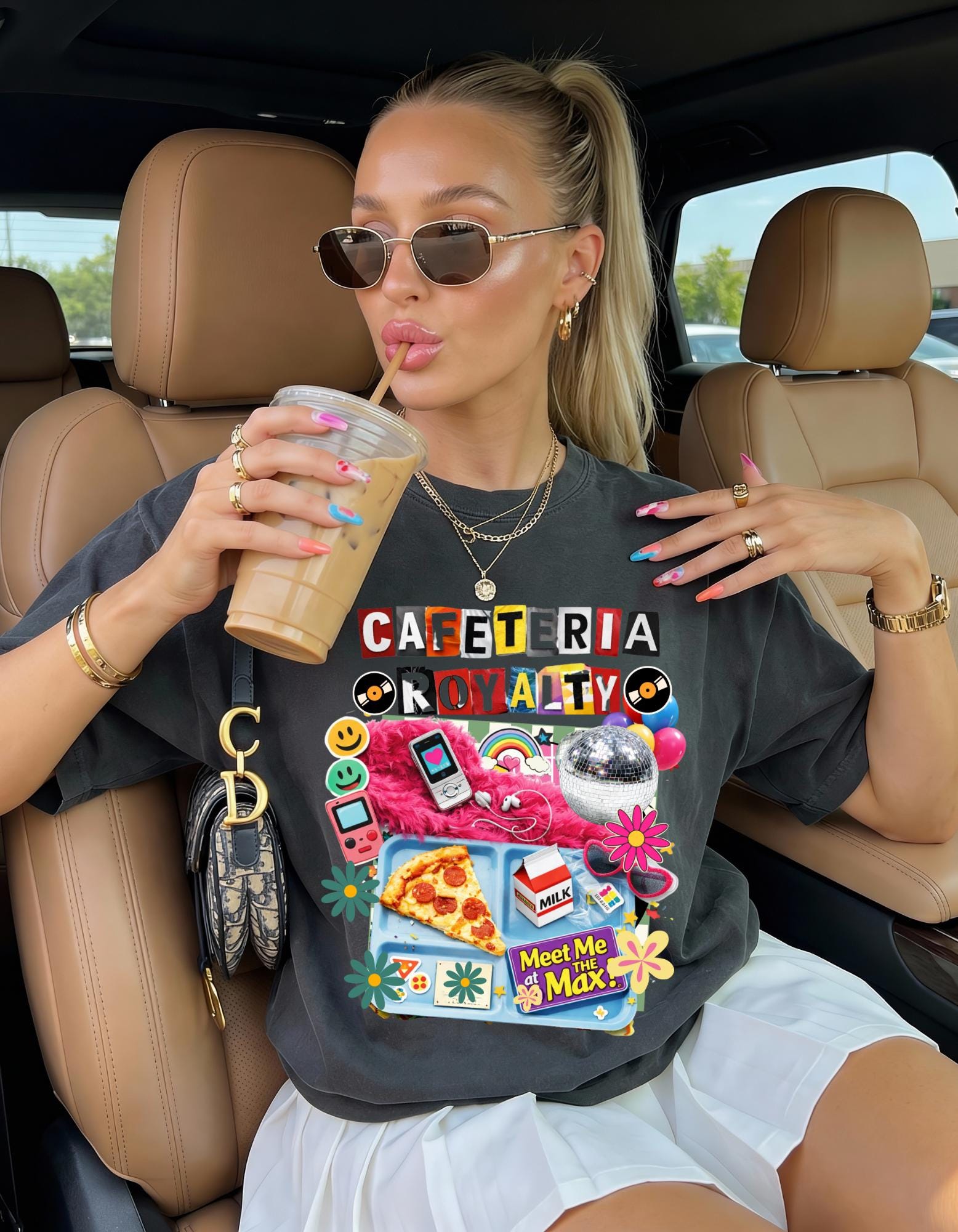 Cafeteria Royalty T-Shirt | Retro School Lunch Pizza Milkbox Smiley Icons Graphic Tee