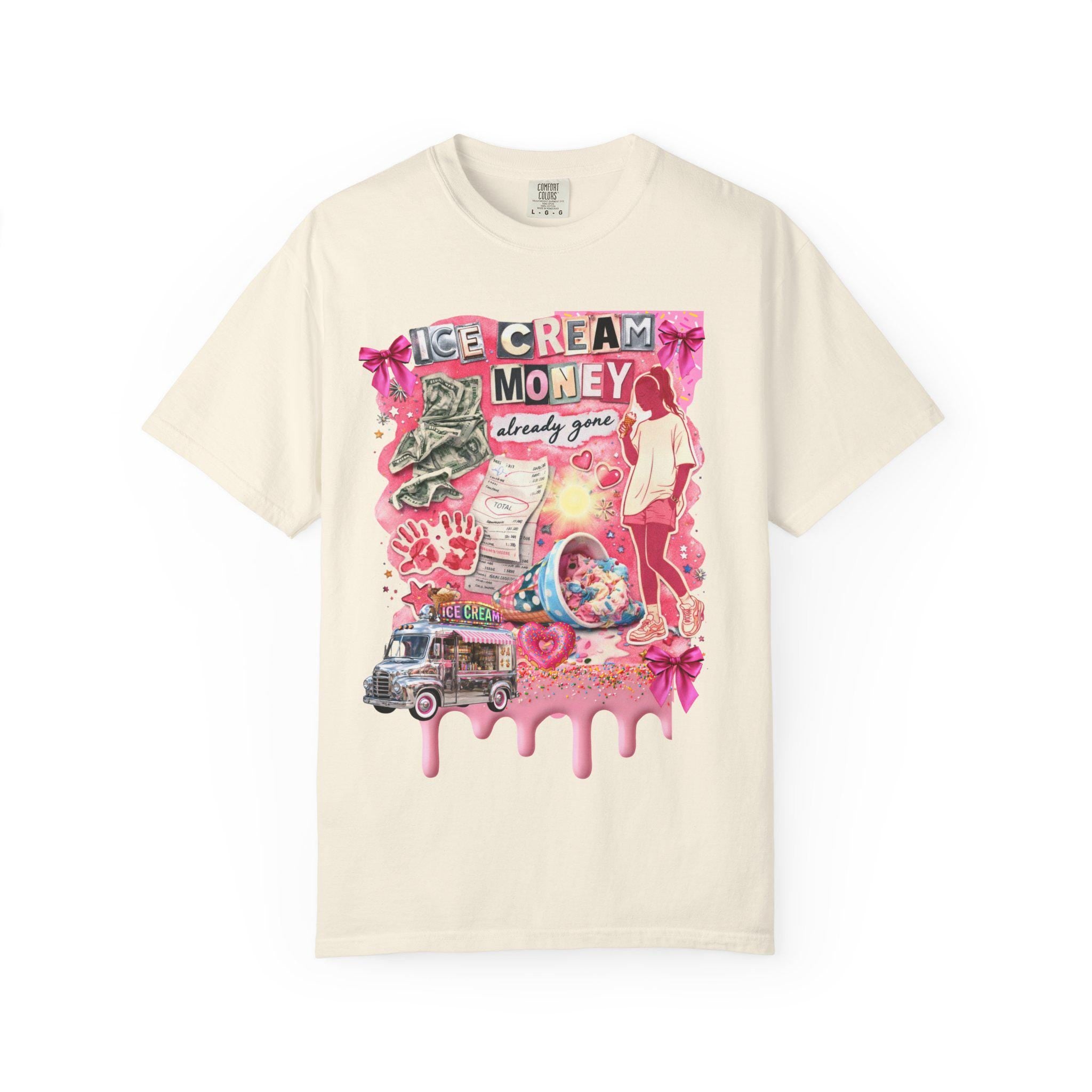Ice Cream Money collage T-Shirt | retro pink cash cone graphic