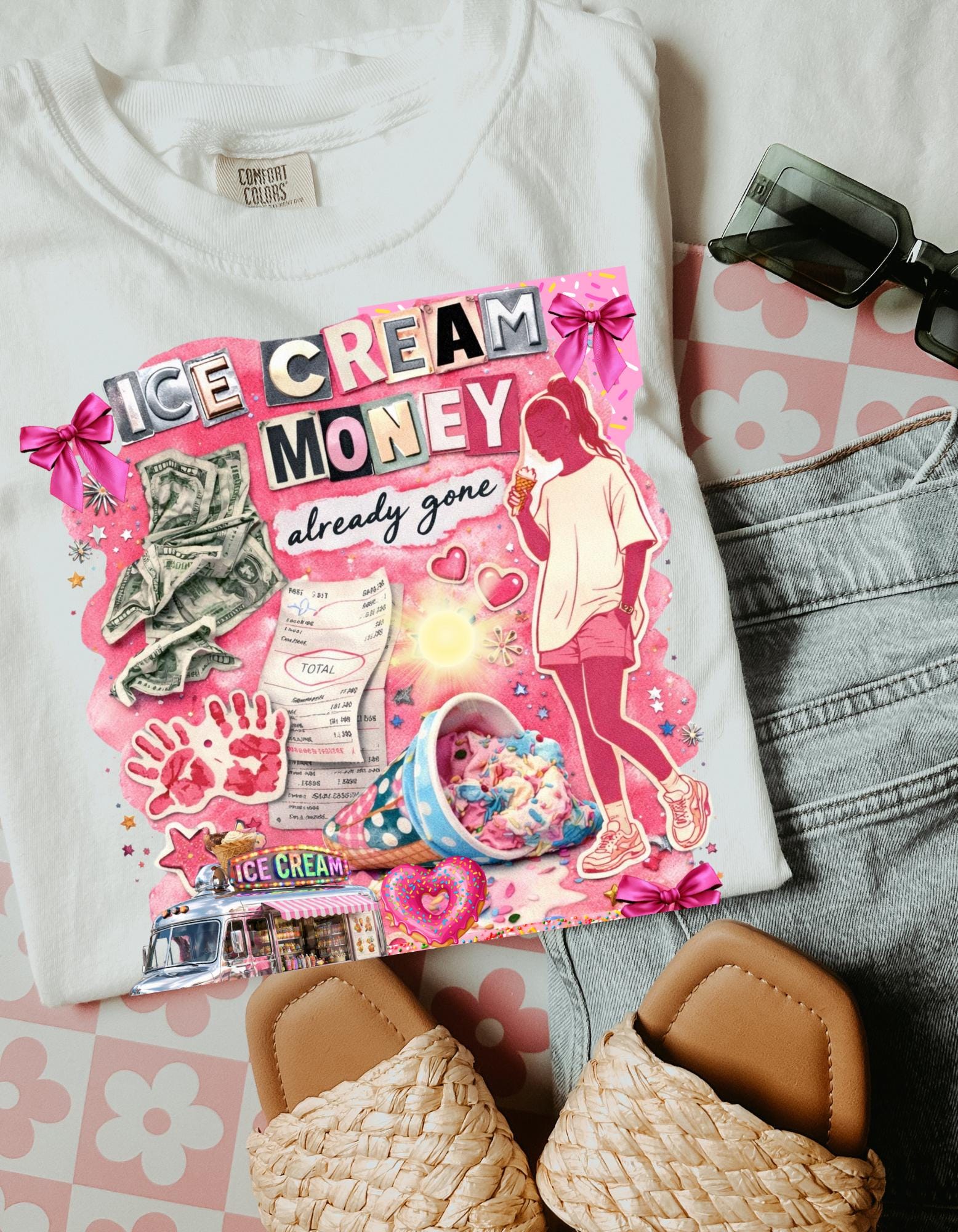 Ice Cream Money collage T-Shirt | retro pink cash cone graphic