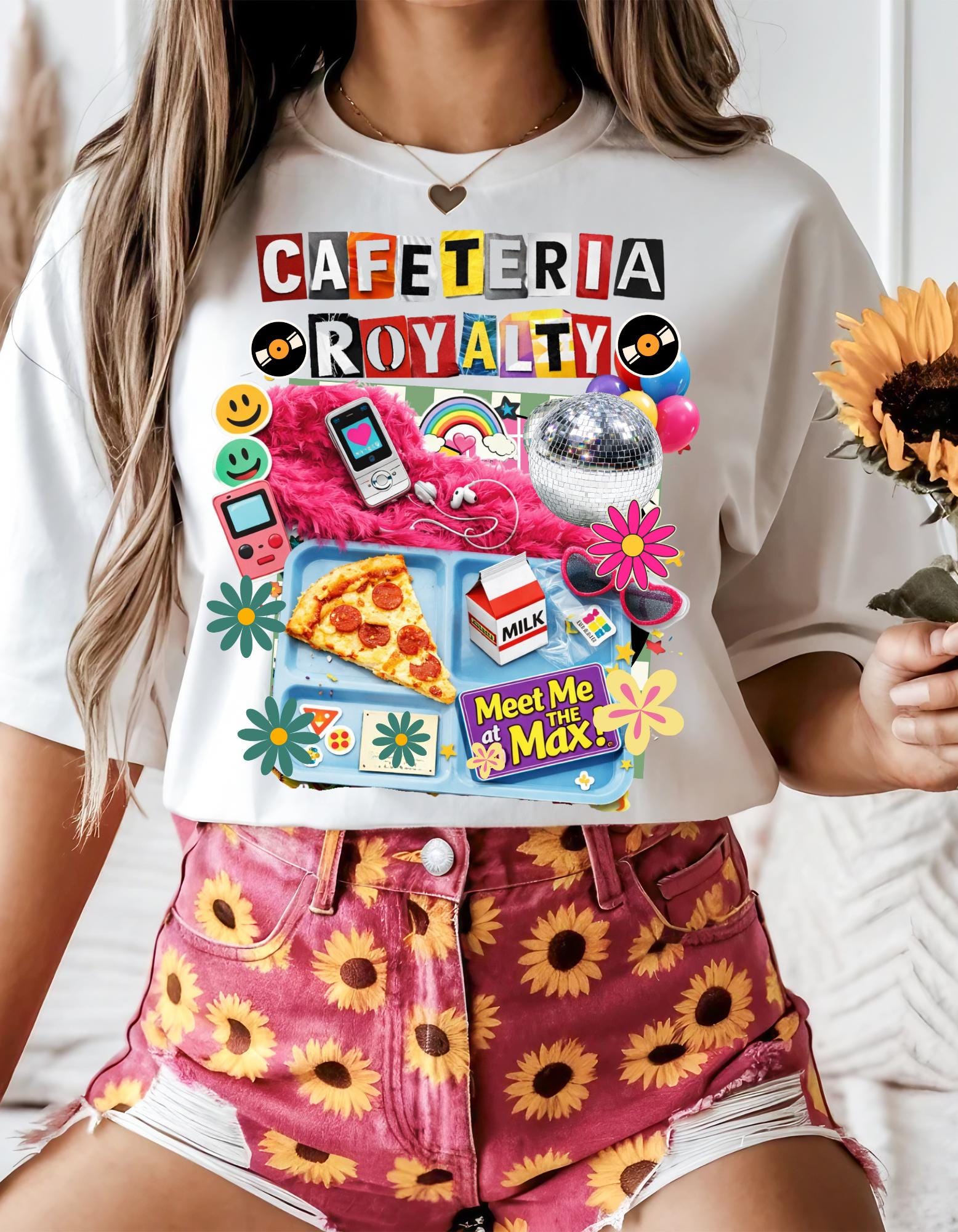Cafeteria Royalty T-Shirt | Retro School Lunch Pizza Milkbox Smiley Icons Graphic Tee